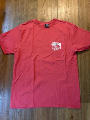 Röd Stüssy x Dover Street Market tee - Säljer en röd t-shirt från Stüssy i samarbete med Dover Street Market London. T-shirten har vit logga tryckt på bröstet och stort tryck på ryggen. Klassisk passform med rund hals och korta ärmar. Perfekt för dig som gillar streetwear.