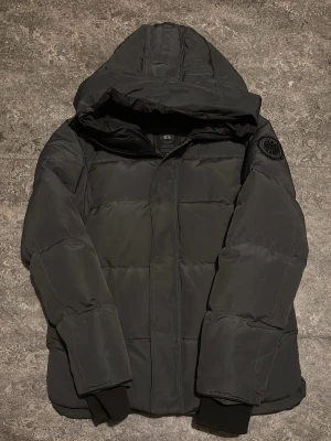 Grå goose pufferjacka med huva - Grå pufferjacka från canada goose med stor huva och quiltad design. Jackan har ribbade muddar vid ärmsluten och en patch på ena ärmen. Perfekt för kalla dagar tack vare det tjocka fodret och den skyddande huvan.