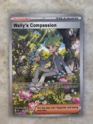 SUPER ILLUSTRASION RARE trainer kort - Säljer min SUPER illustration ”Wally’s Compassion”. Om jag skulle ge en PSA rating är det en stark 8a ᕙ(⇀‸↼‶)ᕗ 