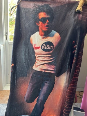 Filt med Steve Harrington Stranger Things Joe keery - Filt med färgglatt tryck av en person i jeans och vit t-shirt med texten 'love bites' i rött och svart. Bakgrunden har tegelvägg och mörka toner. Perfekt som inredningsdetalj eller mysfilt. Materialet känns mjukt och passar bra i soffan.