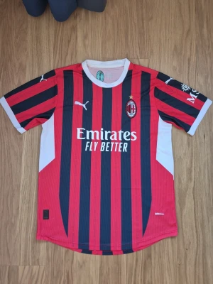  Retro AC Milan 23/24 matchtröja Puma - Säljer en  23/34 AC Milan matchtröja från Puma med klassiska röda och svarta vertikala ränder, vita detaljer och klubbmärke på bröstet. Tröjan har korta ärmar, rund hals och är tillverkad i lätt, ventilerande material. Perfekt för fotboll eller träning.