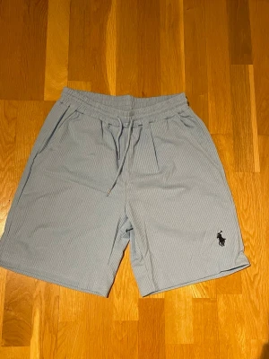 Ljusblå randiga shorts från Polo Ralph Lauren - Säljer ett par ljusblå shorts från Polo Ralph Lauren med diskreta vita ränder och broderad logga på benet. Shortsen har elastisk midja med snörning och sidofickor. Perfekta för sommardagar!