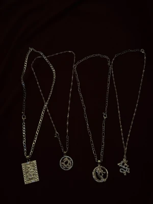 Fyra halsband med drakmotiv - Säljer fyra halsband med olika drakmotiv som hängen. Kedjorna är tunna och har olika länkar. Hängena är detaljerade och har unika former, bland annat en rektangel, två runda och en formad som en drake. Perfekt för dig som gillar fantasy och coola accessoarer. Inte rostfria. 