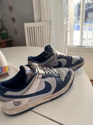 Nike Dunk Low Nets blå/vit - nike dunk low 75th anniversary brooklyn nets. Finns tecken på användning på båda insidorna. Storlek 43 men är små i storleken