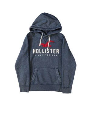 Blå hoodie från Hollister med tryck - Mysig blå hoodie från Hollister med vit dragsko och stor logga framtill i vitt och rött. Skick 9/10 inga hål eller defekter, hör av dig vid minsta fundering