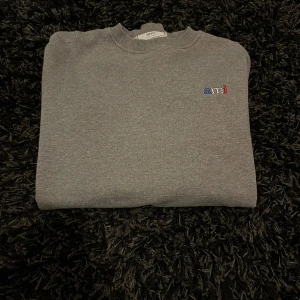 Grå sweatshirt från Ami - Säljer en stilren grå sweatshirt från Ami med broderad logotyp i blått och rött på bröstet. Tröjan har långa ärmar och ribbade muddar vid ärmslut och nederkant. Perfekt för en avslappnad look. Priset är diskuterbart! 