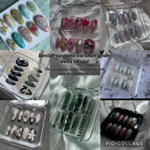 Custom-lösnaglar info! - Beställ skräddarsydda lösnaglar efter dina önskemål! Hör av dig till mig via dm med inspobilder + mått & jag kommer med ett pris, man får med instruktioner & appliceringskit💗Gör alla längder/former! Utmana mig gärna med svåra designs! Kan göra alla stilar! Har flera års erfarenhet 😊 Tveka inte att ställa frågor! Kan göra mer svåra designs men även basic! Alla naglar handgjorda av mig🥰