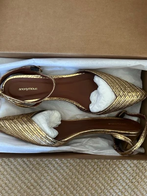 Guldiga pumps från Anonymous - Säljer helt nya glittriga guldiga pumps från Anonymous. Min syster glömde att lämna tillbaka dem och därför säljer vi dem här. Skorna har en elegant klack och är tillverkade i ett skimrande material med struktur. Nypris är 2700, mitt är 1500