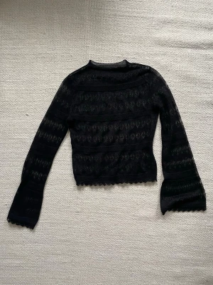 Svart transparent spetsig topp - Säljer en svart, transparent långärmad topp i spets med vågig kant nertill och vid ärmslut. Ingen storlek/märke så gissar på shein i S