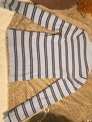 Ljusblå ribbstickad tröja med ränder - Snygg ljusblå ribbstickad tröja med svarta och vita horisontella ränder. Tröjan har lång ärm och en högre krage som ger en trendig look. Perfekt för lager-på-lager och passar till både jeans och kjol.