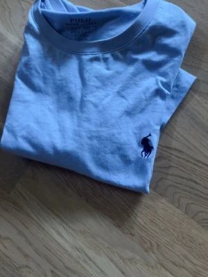 Ljusblå t-shirt från Polo Ralph Lauren - Säljer en ljusblå t-shirt från Polo Ralph Lauren med klassisk rund hals och korta ärmar. T-shirten har det ikoniska Polo-logotypen broderad på bröstet och är tillverkad i mjuk bomull. Perfekt för en avslappnad och stilren look.