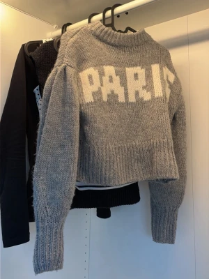 Grå stickad tröja med PARIS-tryck - Säljer en grå stickad tröja från Divided med vit text 'PARIS' framtill. Tröjan har en croppad passform, bred ribbstickad mudd vid ärmslut och nederkant samt rund hals. Perfekt för dig som gillar trendiga statement-plagg.