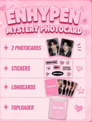 ENHYPEN Mystery Photocard Paket - Säljer ett ENHYPEN mystery photocard paket som innehåller 2 photokort, stickers, lomokort och en toploader. Perfekt för dig som samlar K-pop merch!