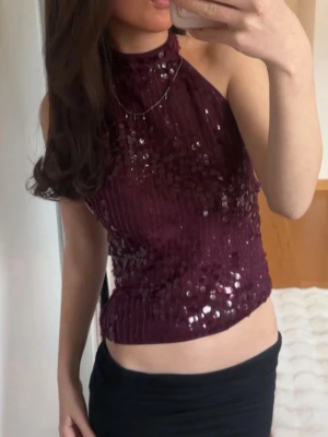 Vinröd paljettopp med hög hals - Snygg vinröd topp med paljetter och hög hals. Toppen är ärmlös och har en croppad passform som ger en trendig look. Perfekt för dig som vill sticka ut med lite extra glitter. Materialet känns mjukt och följsamt mot huden.