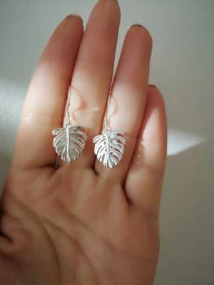 Silvriga örhängen med monstera-blad - Säljer ett par snygga örhängen i silverfärgad metall formade som monstera-blad. De har en tunn krok och ett stilrent, trendigt bladmotiv som passar perfekt för dig som gillar naturinspirerade accessoarer.