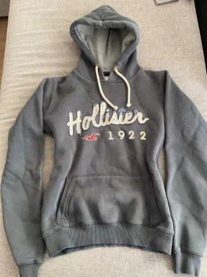 Grå hoodie från Hollister med tryck - Mysig grå hoodie från Hollister med broderad text 'Hollister 1922' och röd logga på bröstet. Klassisk känguruficka framtill, ribbade muddar och vit dragsko i huvan. Perfekt för en avslappnad och cool stil. Det står M på tröjan men jag tycker att den passar xs/s. Måtten: längd 54,4 cm och bredd 52 cm.