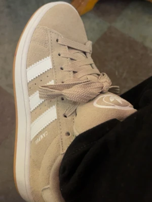 Beige Adidas Campus sneakers - Snygga beige Adidas Campus sneakers i mocka med klassiska vita ränder på sidorna och vit sula. Skorna är helt nya och fräscha, använda en gång, säljer då jag hittat andra skor jag vill ha 🥰pris går att diskutera
