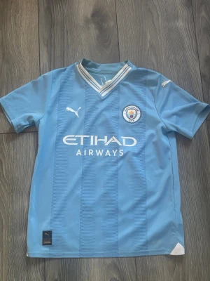 Manchester City Foden matchtröja - Ljusblå Manchester City matchtröja från Puma med Foden och nummer 47 på ryggen. Tröjan har klubbmärke, Puma-logga och Etihad Airways-tryck på framsidan. Tillverkad i lätt och ventilerande material, perfekt för fotbollsträning eller match. I nyskick, använd fåtal gånger. Skulle säga att den passar 12-14 åring.