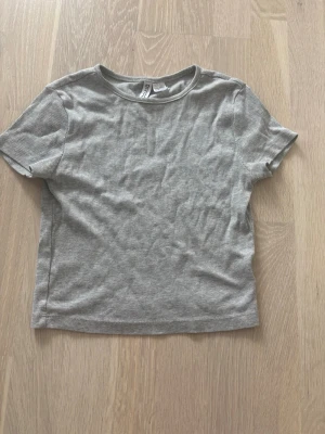 Ljusgrå ribbad t-shirt - En enkel och stilren ljusgrå t-shirt med ribbad struktur och rund hals. T-shirten har korta ärmar och är tillverkad i ett mjukt material som känns skönt mot huden. Perfekt för en avslappnad och clean look.