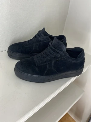 Svarta Axel Arigato sneakers i mocka - Säljer ett par svarta sneakers från Axel Arigato i mjuk mocka. Skorna har en clean och stilren design med lågt skaft och matchande svarta skosnören. Perfekta för dig som gillar minimalistisk och modern stil.