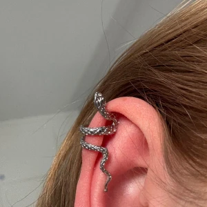 Silvrigt ormörhänge  - Unikt örhänge i form av en slingrande orm, tillverkat i silvrig metall med detaljerad yta som liknar ormfjäll. Örhänget är designat för att slingra sig runt ytterörat och ger en edgy och cool look.