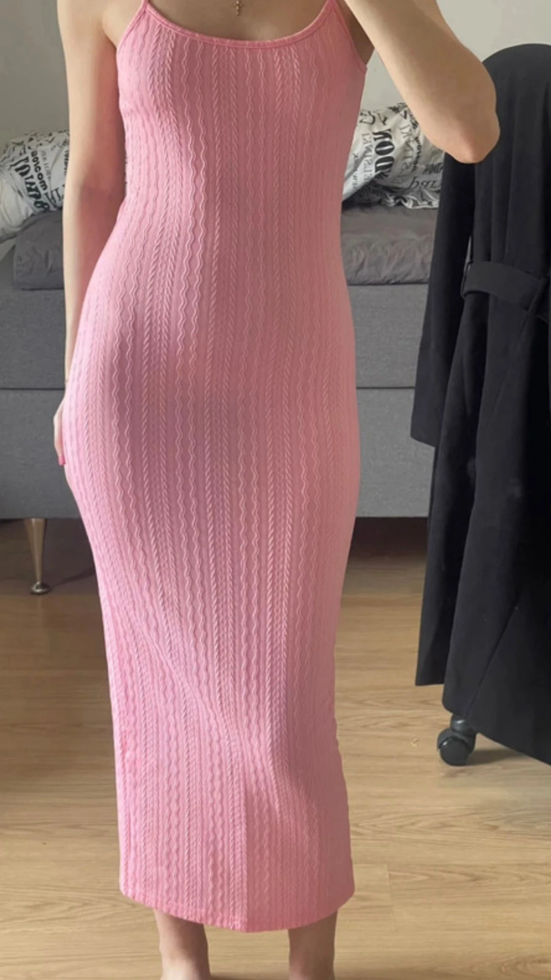 Rosa ribbad långklänning - 1