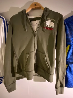 Hollister zip up hoodie - Olivgrön hoodie med dragkedja från Hollister. Har en fiskmås på luvan,är i storlek M men passar som S