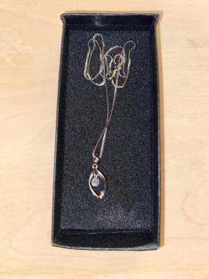 Silverhalsband 50cm med glittrande hänge strass diamant - Snyggt silverfärgat halsband med ett elegant, droppformat hänge. Hänget har en glittrande sten i mitten som ger extra bling. Kedjan är tunn och smidig, perfekt för att lyfta vilken outfit som helst. Kommer i en svart ask.