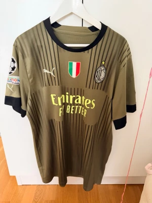AC Milan matchtröja olivgrön Puma - Snygg olivgrön AC Milan matchtröja från Puma med svarta detaljer och tryck. Tröjan har klubbmärke, italienska flaggan och sponsortryck på bröstet samt Champions League-märke på ärmen. Tillverkad i lätt och ventilerande material, perfekt för fotbollsträning. Storlek xxl
