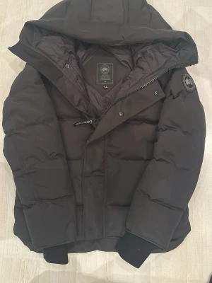 Svart pufferjacka från Canada Goose - Säljer en svart pufferjacka från Canada Goose med huva och diskret logotyp på ärmen. Jackan har dragkedja och tryckknappar framtill samt ribbade muddar vid ärmsluten. Tillverkad i slitstarkt material och fodrad för extra värme under kalla vinterdagar.