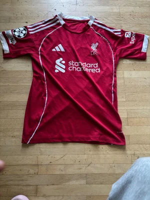Liverpool matchtröja Salah #11 - Röd Liverpool FC matchtröja med vita detaljer, Adidas-logga och Champions League-märke på ärmen. Tryck med 'M. Salah' och nummer 11 på ryggen. Tillverkad i lätt och ventilerande material, perfekt för fotboll eller träning.