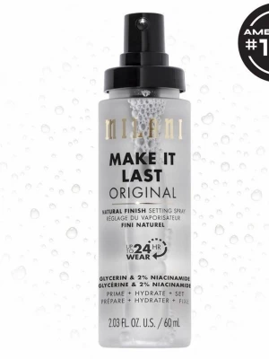 Milani Make It Last Face Mist - Milani Make It Last Original Face Mist är en genomskinlig ansiktsspray i plastflaska med svart spraymunstycke. Ger naturlig finish och håller makeupen på plats upp till 24 timmar. Innehåller glycerin och 2% niacinamide för återfuktning och lyster. Helt oöppnad, köpte för 250 