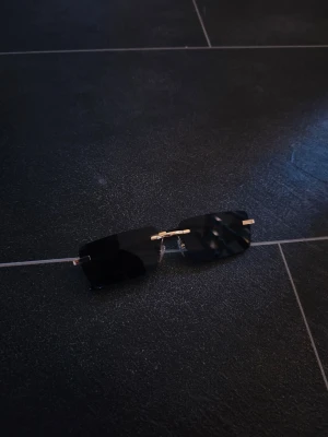 Svarta Grisch solglasögon - Snygga solglasögon med rektangulära, svarta glas och tunna guldfärgade bågar. Glasögonen har minimalistisk design utan synlig ram runt glasen och näsbrygga i guld. Perfekta för dig som gillar en stilren och modern look.