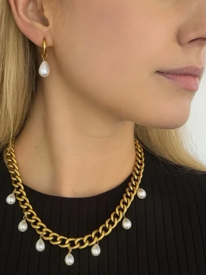 Guldigt 9mm bred halsband med  pärlor - Matchande örhängen finns i en separat annons  Finns även i silverfärg   Material: 18K guldplätering på rostfritt stål Bredd: 9 mm Längd: 38-43cm Nickelfria och handgjorda. Märke: Diavansa smycken