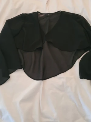 Svart transparent bolerotopp - Snygg svart bolerotopp i transparent polyester med långärmad design. Toppen har en croppad passform och vågig nederkant som ger en trendig look. Perfekt att styla över ett linne eller klänning för extra edge.