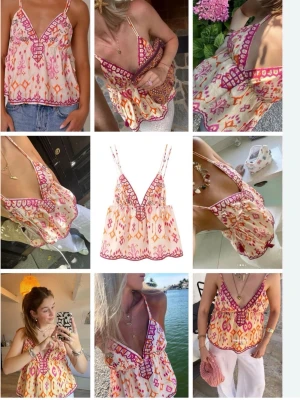 Jättefin broderad linnetopp  - Broderad linnetopp i beige med färgstarka mönster i rosa och orange. Djup v-ringning, smala axelband och snörning framtill. Perfekt för varma dagar och festivaler. ‼️ INTE MINA BILDER ‼️ säljer denna eftersom den ALDRIG kommit till användning. 