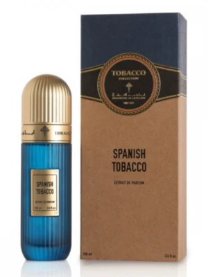 Spanish Tobacco parfym från Ibrahim Al Qurashi - Spanish Tobacco är en exklusiv parfym från Ibrahim Al Qurashi. Flaskan är djupblå med guldfärgat lock och etikett, och har en elegant, räfflad design. Förpackningen är brun och mörkblå med guldiga detaljer. Doften är en del av Tobacco Collection.
