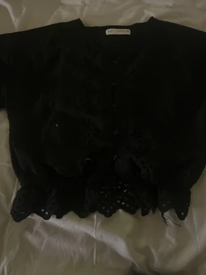 Svart broderad blus från Zara - Säljer en svart blus från zara med v-ringning och fina broderade blommönster. Blusen har korta ärmar, knappar framtill och en volangkant nedtill. Perfekt för dig som gillar detaljer och en feminin stil.