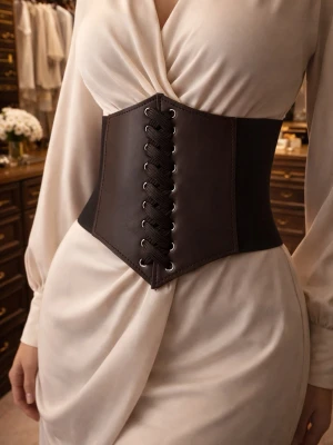 Svart korsettbälte med snörning - Snyggt svart korsettbälte i skinnimitation med bred form och cool snörning framtill. Perfekt för att ge outfiten en edgy touch och markerad midja. Bältet har elastiska partier bak för extra komfort och passform.