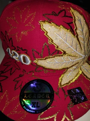 Röd keps med löv och 420-brodyr - Snygg röd keps från Leader med stora broderade lönnlöv i guld, svart och beige samt texten '420' framtill. Kepsen har detaljer i metallic och sticker ut med sitt unika mönster. Perfekt för dig som vill ha en statement-accessoar.