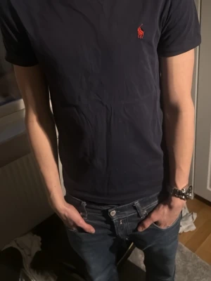 Mörkblå t-shirt från Ralph Lauren - Klassisk mörkblå t-shirt från Ralph| nypris 899 kr| säljer pga att den är för liten| modellen är i 178cm lång. 