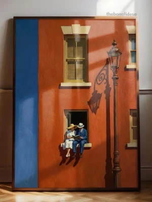 Par läser i fönster - poster 40x30 - Färgglad tavla med ett par som läser i ett fönster. 40x30cm, ram ingår ej