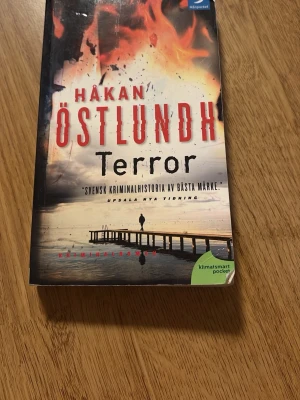 Terror av Håkan Östlundh pocket - Spännande kriminalroman i pocketformat av Håkan Östlundh. Omslaget har en dramatisk bild med eld och en brygga vid vatten, titeln är tryckt i rött och svart. Boken är på svenska och har en karta över Gotland på insidan. Det är tredje delen av östlundhs serie om kriminalpolisen Fredrik Broman