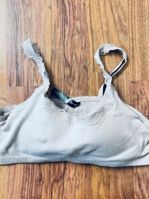 Ljusgrå ribbad spets-bh H&M - Säljer en ljusgrå bh från H&M med ribbad struktur och fina spetsdetaljer längs kanterna och axelbanden. Bh:n har smala axelband och är tillverkad i mjukt stretchigt material för extra komfort.