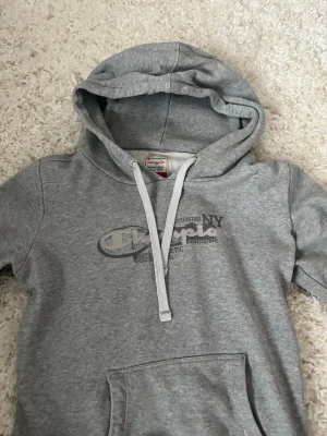 Grå hoodie från Champion - Säljer en grå hoodie från Champion med tryckt logga på bröstet och klassisk känguruficka. Hoodien har dragsko i huvan och är gjord i mjukt sweatshirtmaterial. Perfekt för en avslappnad och sportig stil.