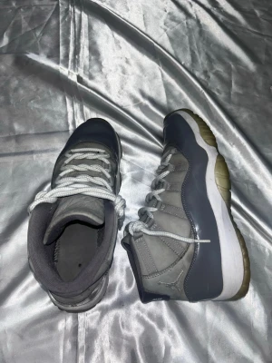Grå Air Jordan 11 Retro sneakers - Snygga Air Jordan 11 Retro sneakers i grått med vita snören och vit sula. Skorna har en blandning av mocka och glansigt läder, samt den klassiska Jumpman-loggan på sidan. Perfekt för dig som gillar streetwear och ikoniska modeller.