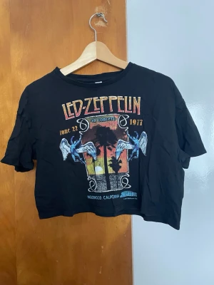 Svart Led Zeppelin croppad t-shirt - Cool svart t-shirt med Led Zeppelin-tryck framtill, croppad modell och korta ärmar. Trycket har färgglada detaljer och motiv från en konsert 1977. Perfekt för dig som gillar bandtröjor och vill sticka ut med en unik stil.