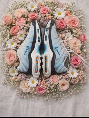 Nike Air Max Plus blå och vita sneakers - Säljer ett par Nike Air Max Plus sneakers i ljusblått och vitt med svarta och vita detaljer. Skorna har den ikoniska synliga Air-sulan och blå Swoosh på sidan. Ovandelen är i mesh och syntet. De har använts några gånger.