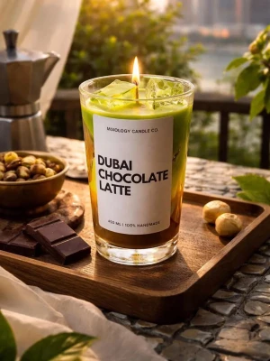Dubai Chocolate Latte doftljus - Unikt doftljus i glas som ser ut som en chokladlatte med grönt och brunt lager, dekorerat med detaljer som liknar isbitar och choklad. Handgjort och rymmer 450 ml. Perfekt för dig som gillar snygga och annorlunda ljus.