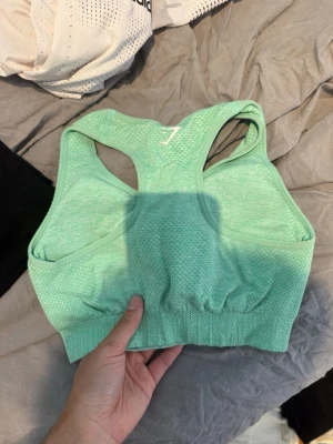 Mintgrön sport-bh från Gymshark - Sport-bh i mintgrönt från Gymshark med brottarrygg och sömlös design. Materialet är stretchigt och andas, perfekt för träning. Diskret logga framtill. Sitter tajt och ger bra stöd under intensiva pass.